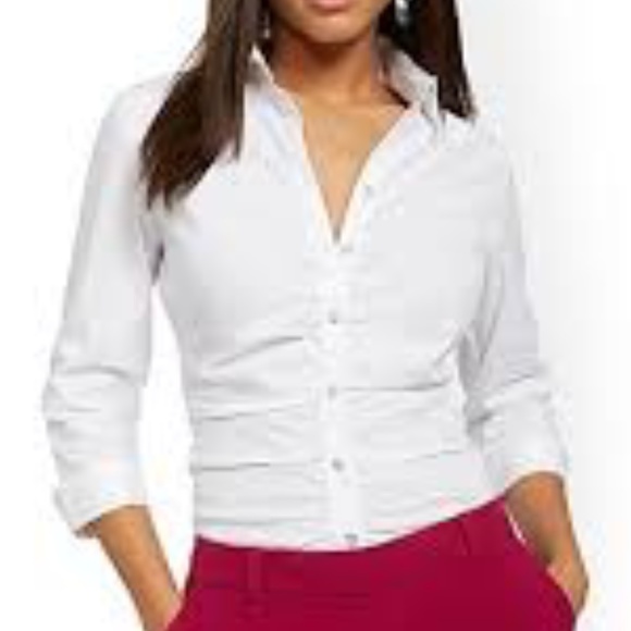 NWOT New York & Company Stretch White Ruched Button Shirt Size XS - Picture 5 of 7